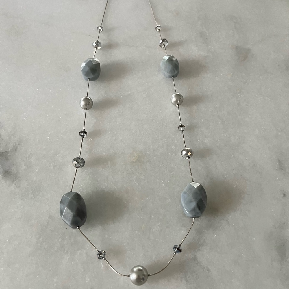 Long Gray Beaded Necklace with Faux Pearls & Faceted Glass Beads